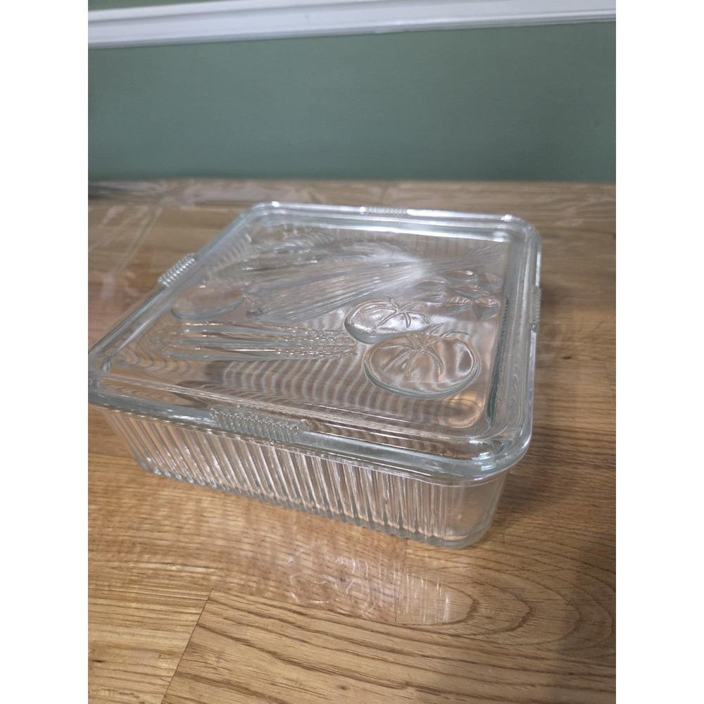 Vintage Federal Glass 8" Refrigerator Dish Box Embossed Vegetable Lid (Flaw)